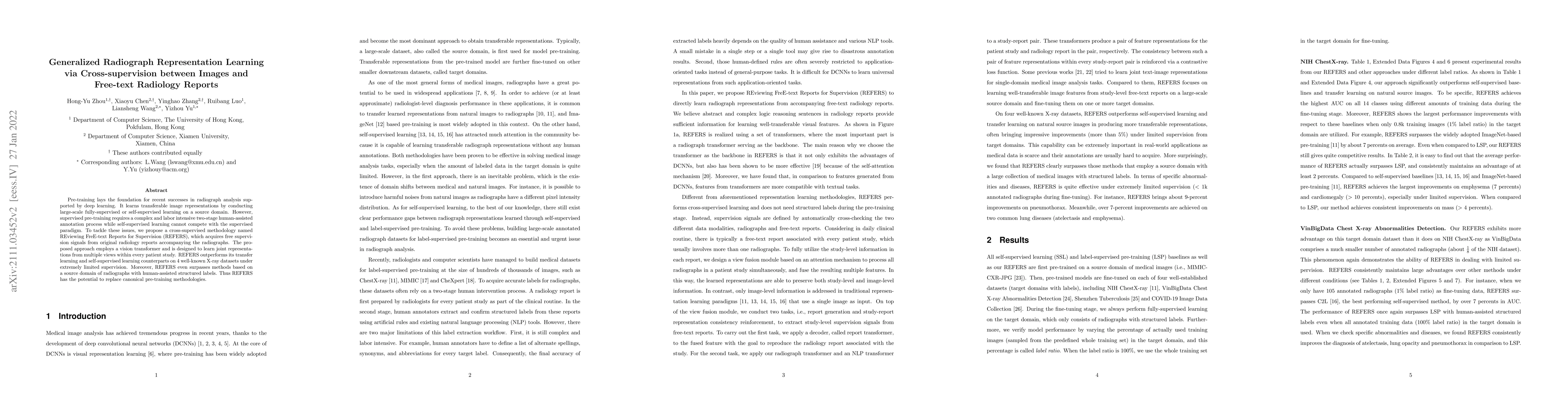 Thumbnail for Generalized Radiograph Representation Learning via Cross-supervision
  between Images and Free-text Radiology Reports