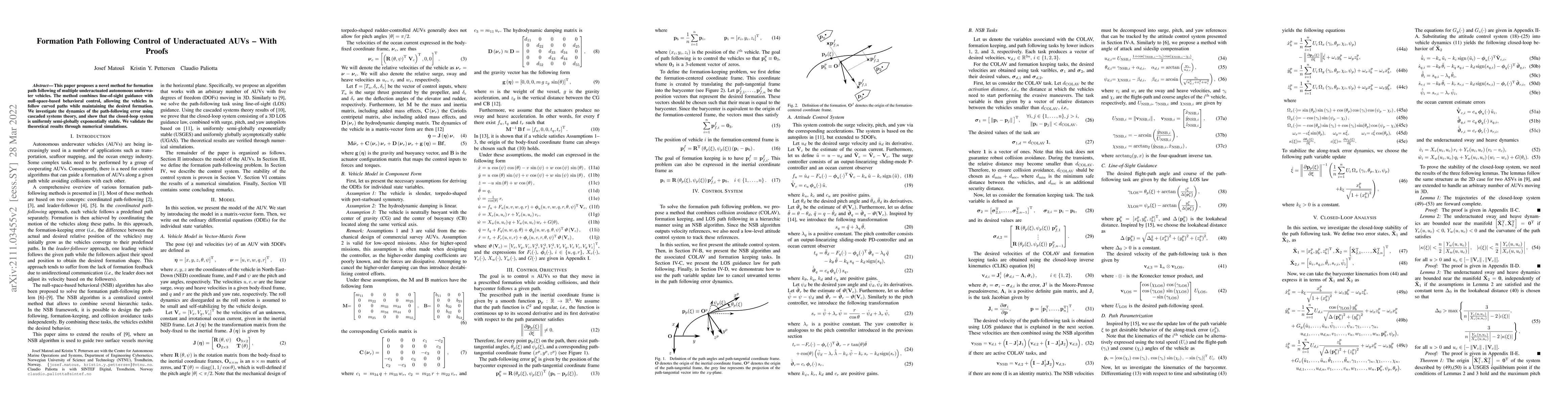 Thumbnail for Formation Path Following Control of Underactuated AUVs -- With Proofs