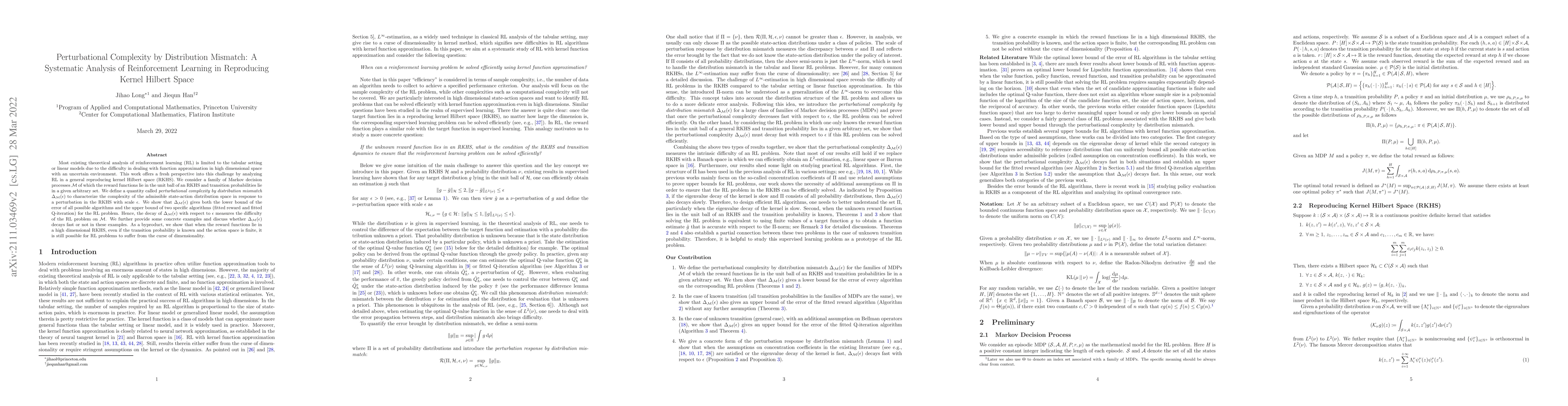 Thumbnail for Perturbational Complexity by Distribution Mismatch: A Systematic
  Analysis of Reinforcement Learning in Reproducing Kernel Hilbert Space
