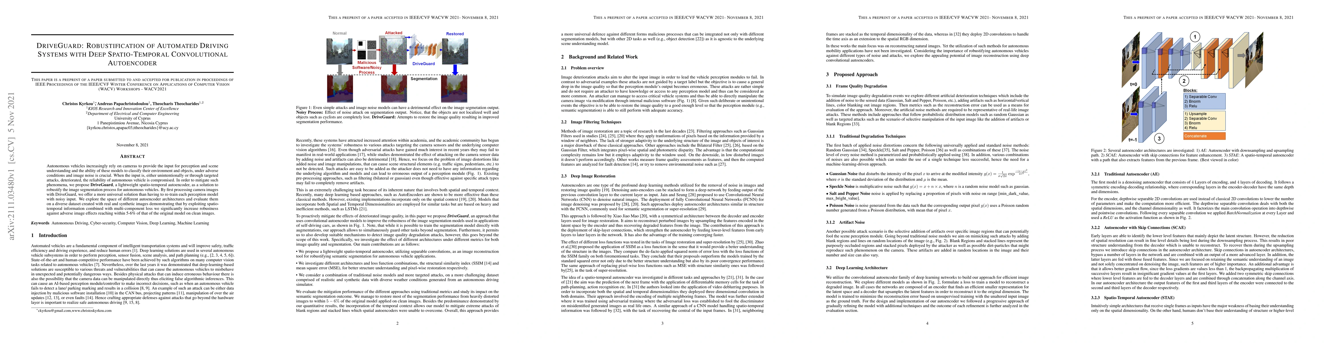 Thumbnail for DriveGuard: Robustification of Automated Driving Systems with Deep
  Spatio-Temporal Convolutional Autoencoder