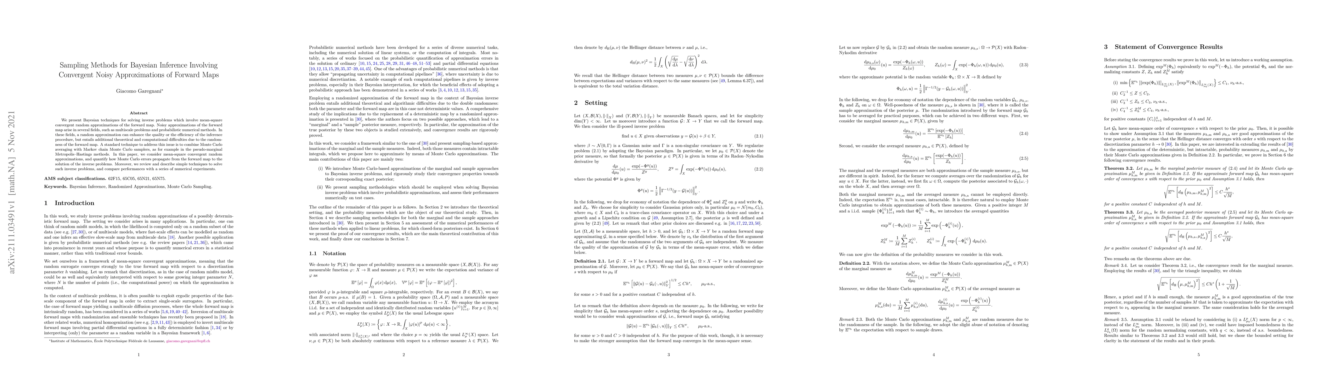 Thumbnail for Sampling Methods for Bayesian Inference Involving Convergent Noisy
  Approximations of Forward Maps