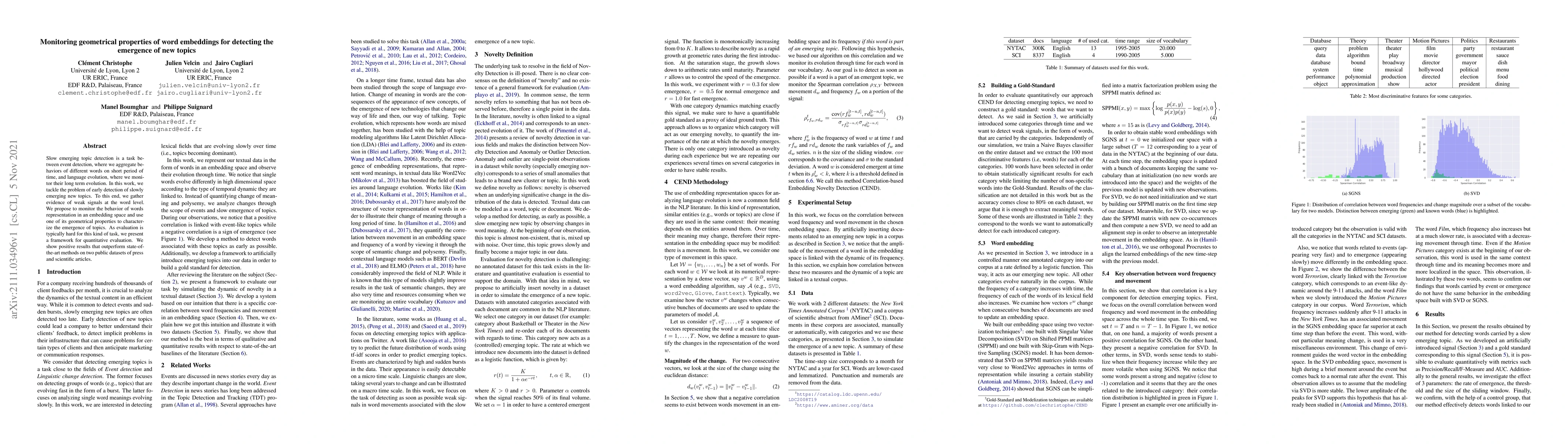 Thumbnail for Monitoring geometrical properties of word embeddings for detecting the
  emergence of new topics