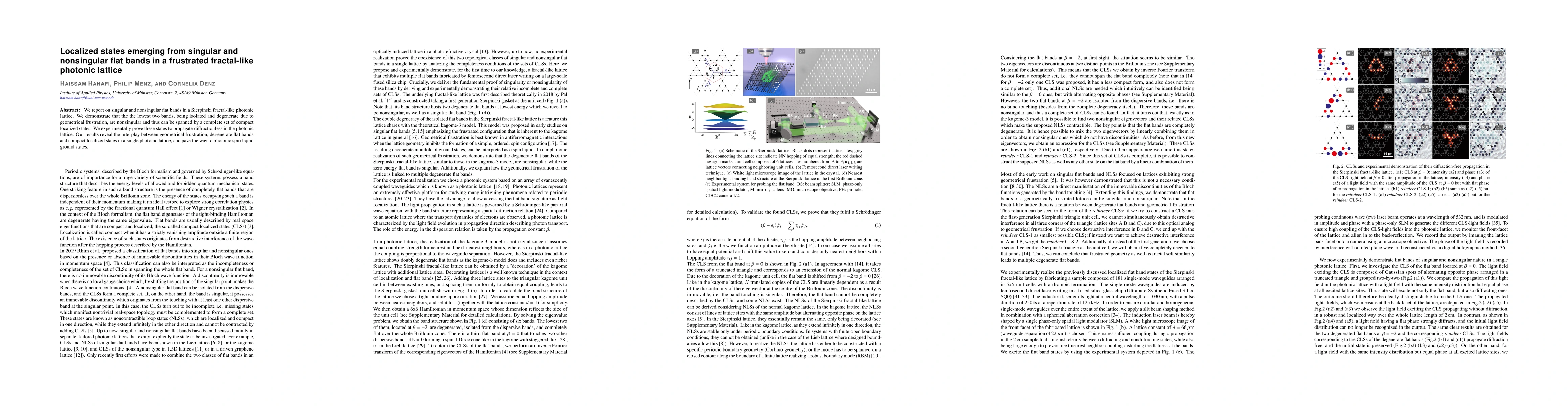Thumbnail for Localized states emerging from singular and nonsingular flat bands in a
  frustrated fractal-like photonic lattice