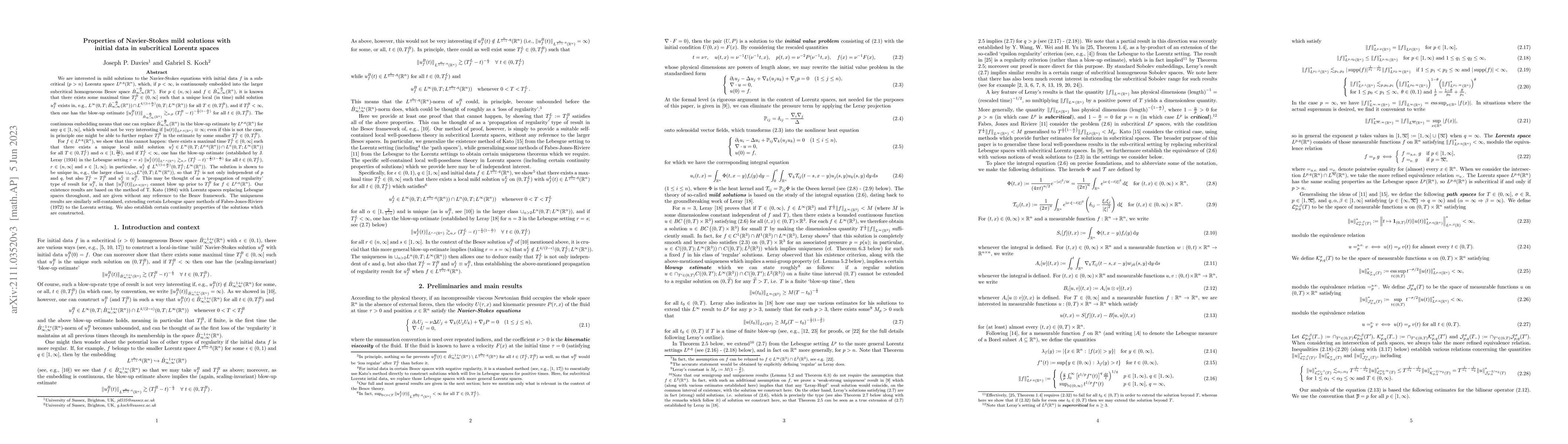 Thumbnail for Properties of Navier-Stokes mild solutions with initial data in
  subcritical Lorentz spaces