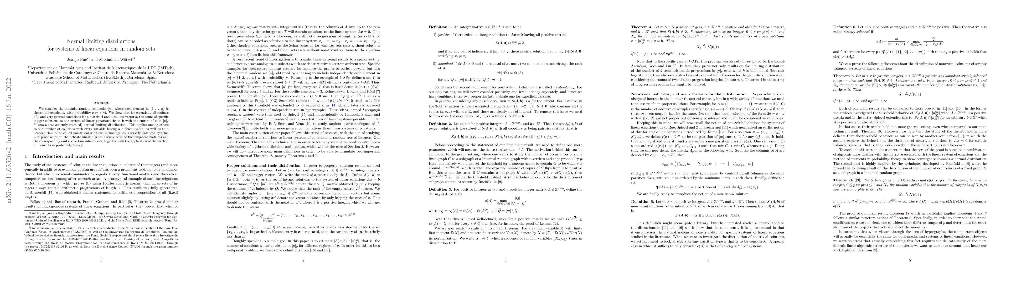 Thumbnail for Normal limiting distributions for systems of linear equations in random
  sets