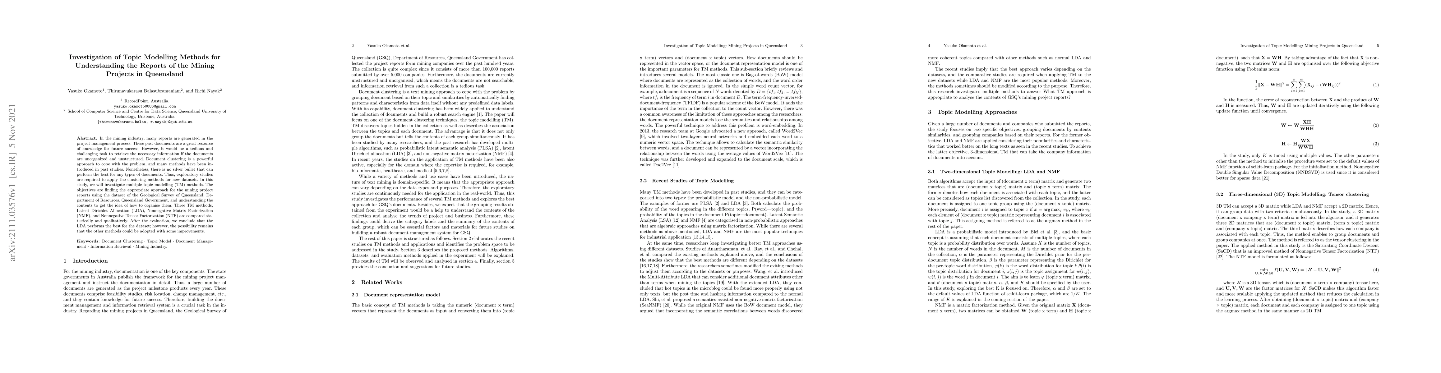 Thumbnail for Investigation of Topic Modelling Methods for Understanding the Reports
  of the Mining Projects in Queensland