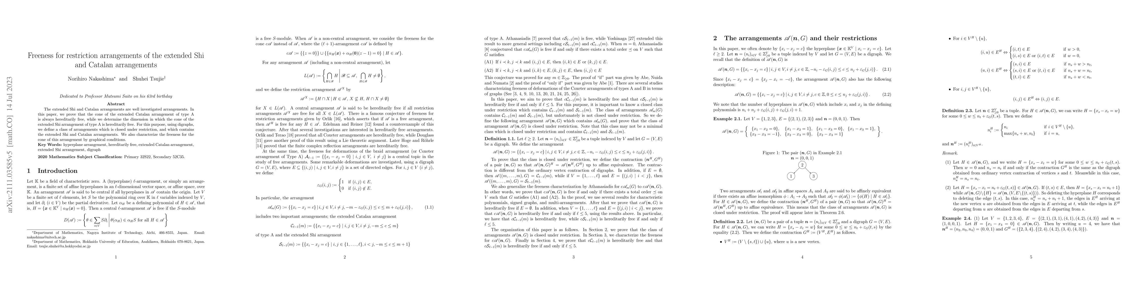 Thumbnail for Freeness for restriction arrangements of the extended Shi and Catalan
  arrangements