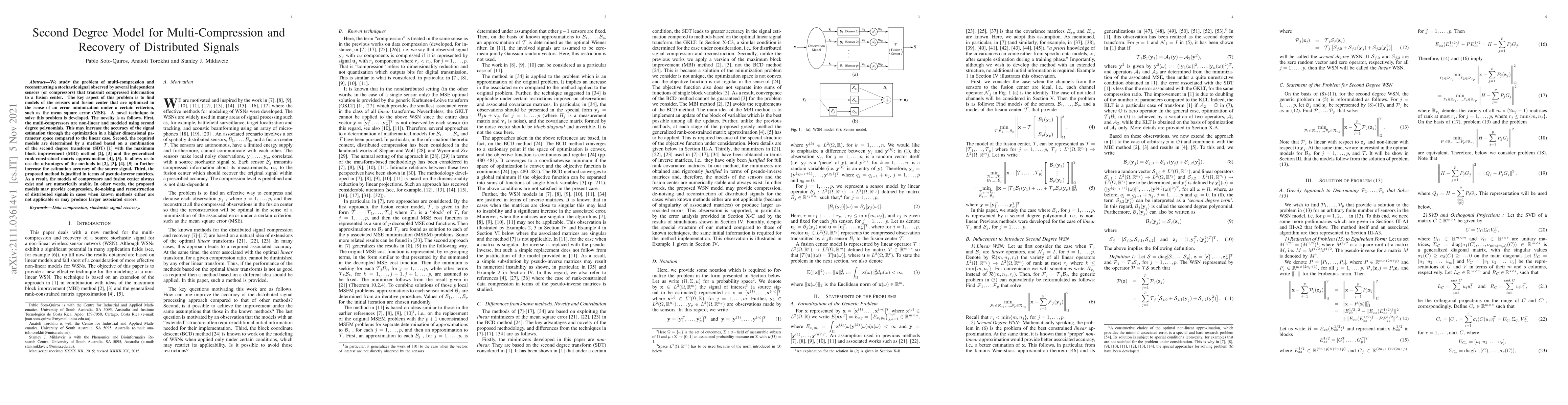 Thumbnail for Second Degree Model for Multi-Compression and Recovery of Distributed
  Signals