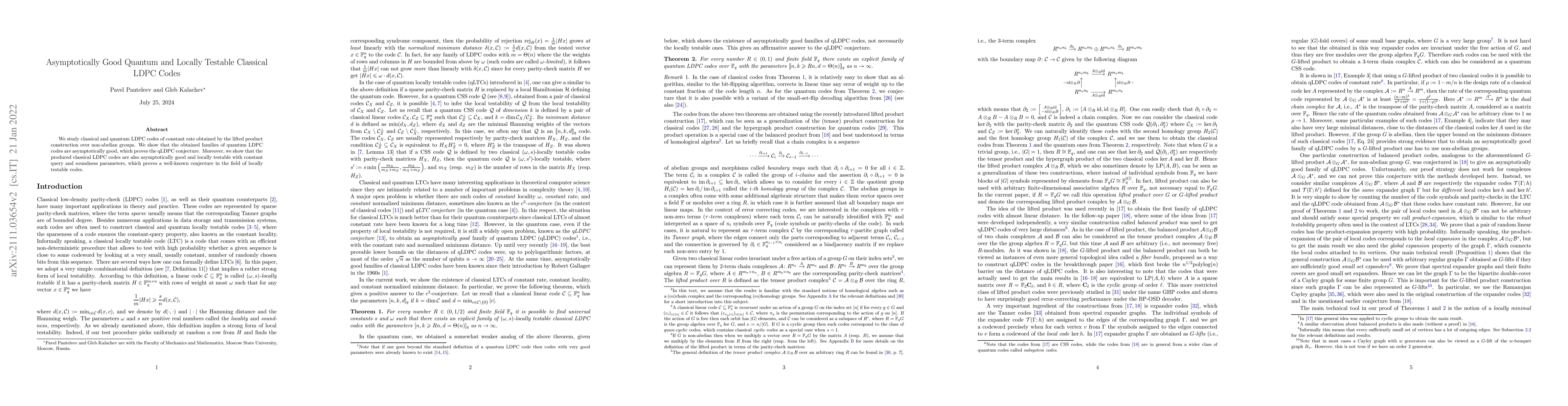 Thumbnail for Asymptotically Good Quantum and Locally Testable Classical LDPC Codes