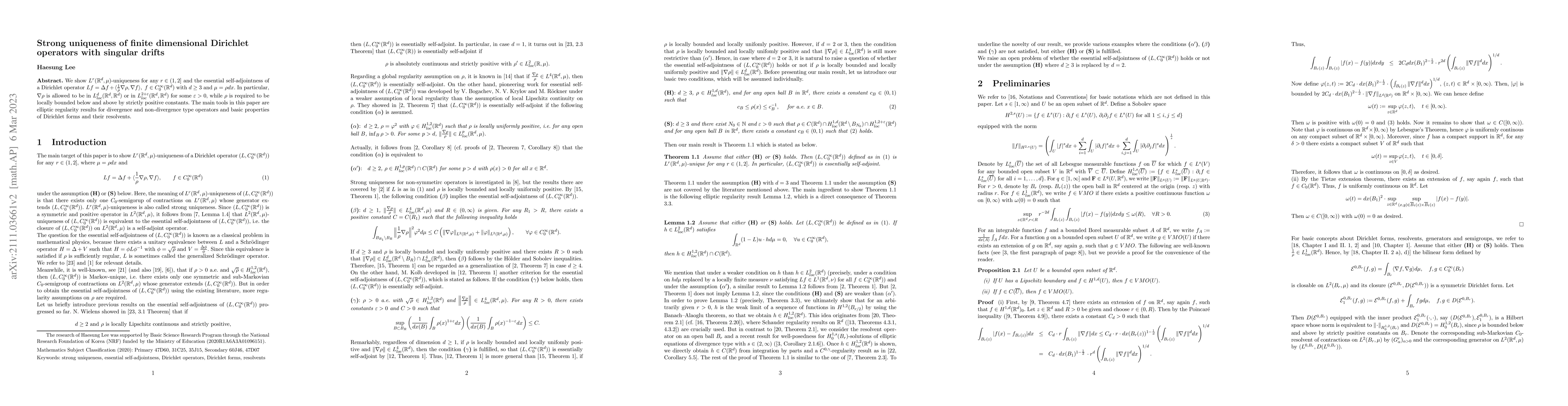 Thumbnail for Strong uniqueness of finite dimensional Dirichlet operators with
  singular drifts