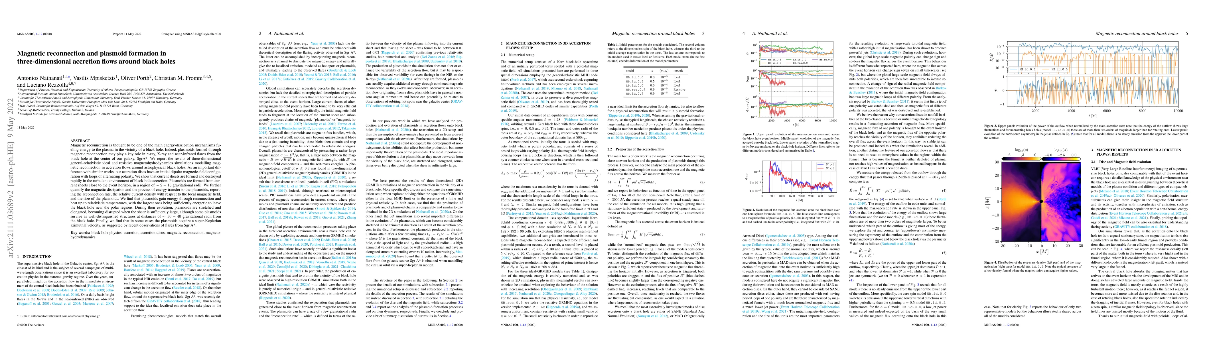 Thumbnail for Magnetic reconnection and plasmoid formation in three-dimensional
  accretion flows around black holes