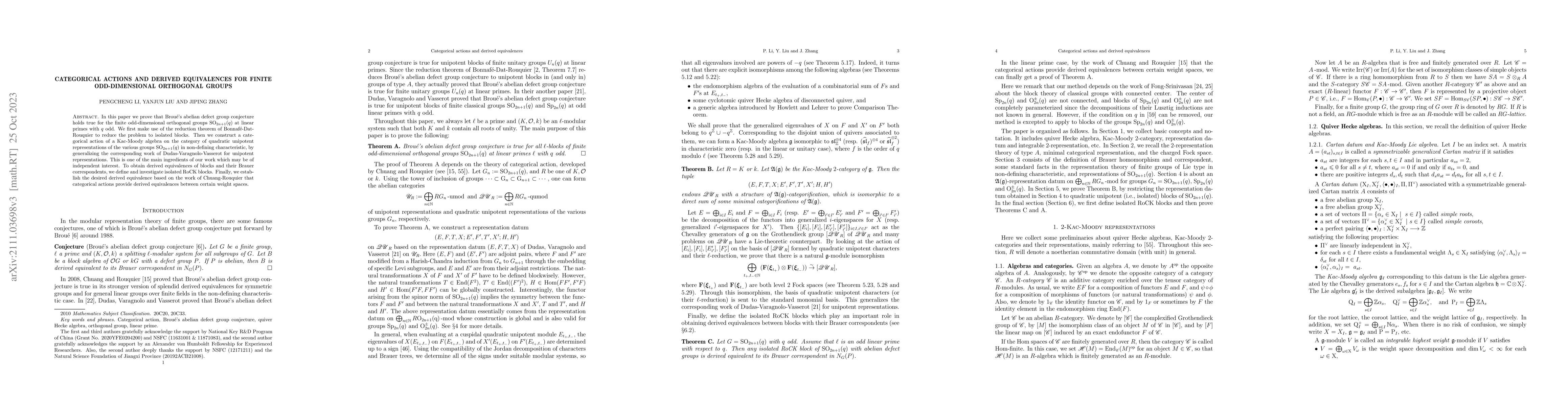 Thumbnail for Categorical actions and derived equivalences for finite odd-dimensional
  orthogonal groups