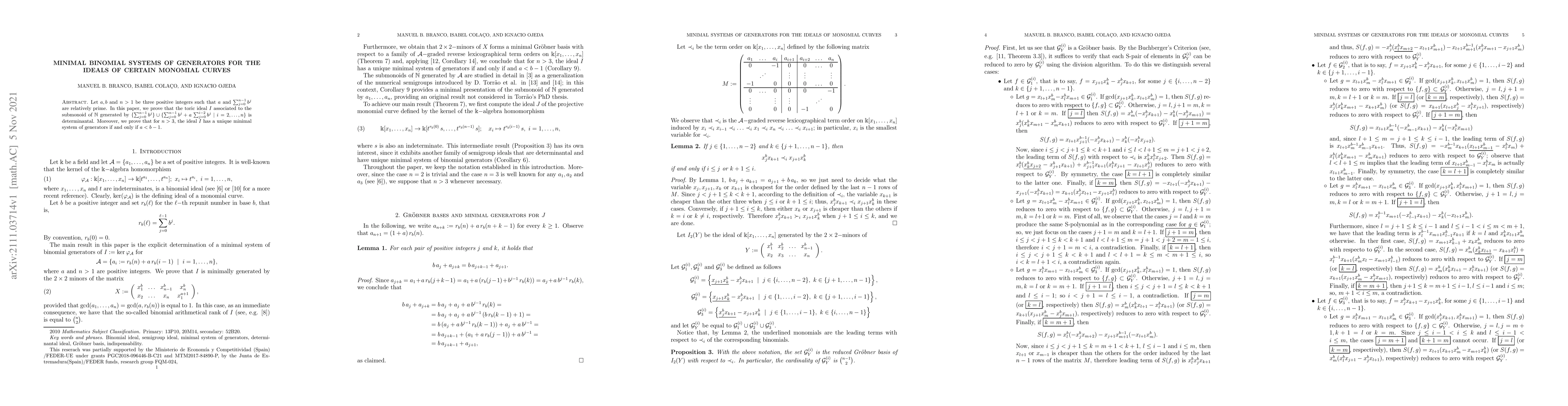 Thumbnail for Minimal binomial systems of generators for the ideals of certain
  monomial curves