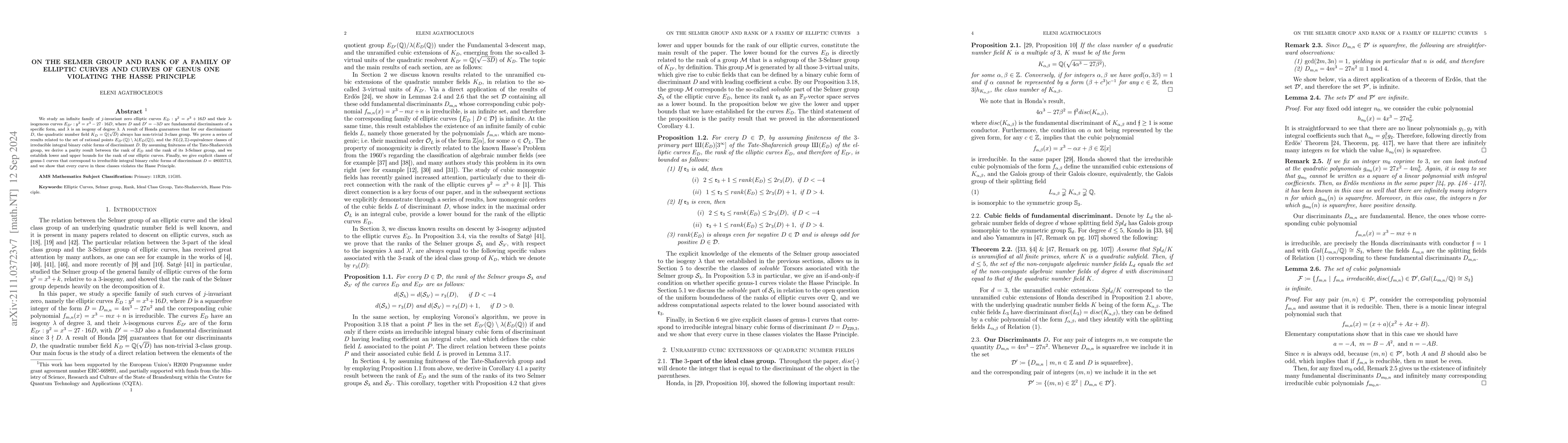 Thumbnail for On the Selmer group and rank of a family of elliptic curves and curves
  of genus one violating the Hasse principle