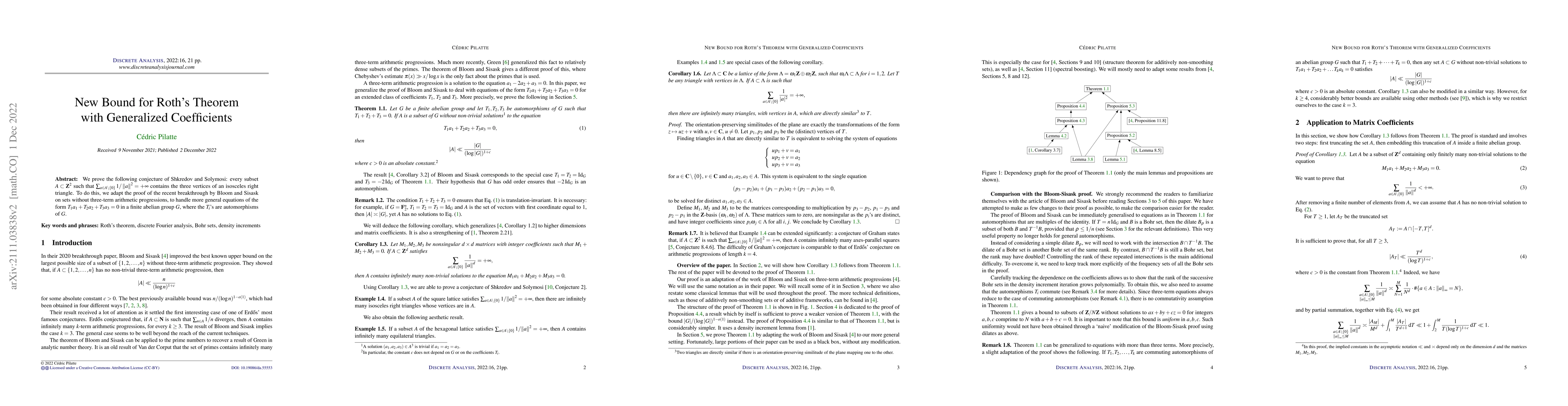 Thumbnail for New bound for Roth's theorem with generalized coefficients