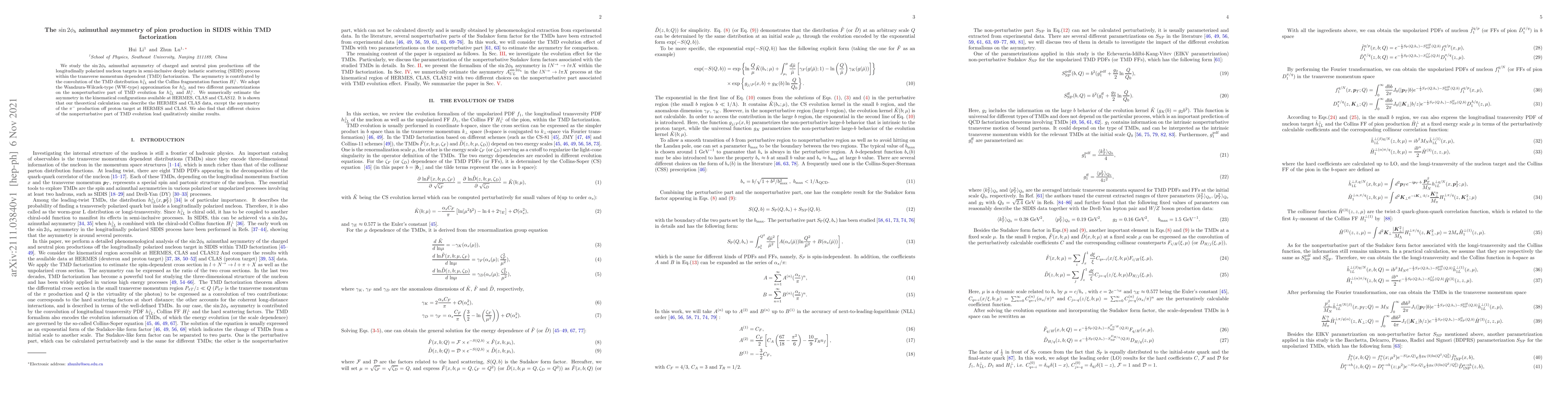 Thumbnail for The $\sin2\phi_h$ azimuthal asymmetry of pion production in SIDIS within
  TMD factorization