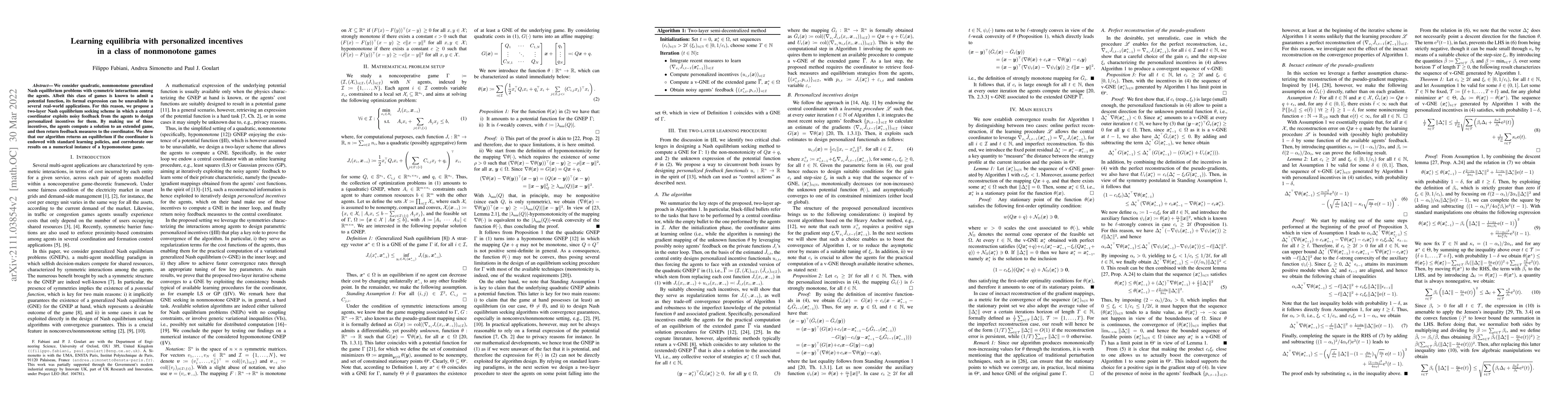 Thumbnail for Learning equilibria with personalized incentives in a class of
  nonmonotone games