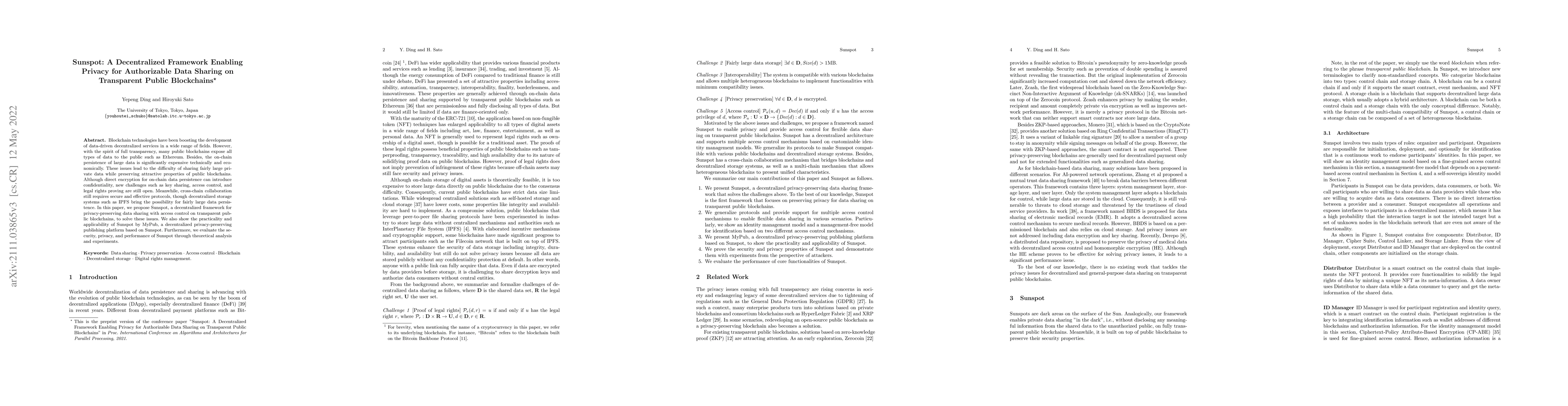 Thumbnail for Sunspot: A Decentralized Framework Enabling Privacy for Authorizable
  Data Sharing on Transparent Public Blockchains