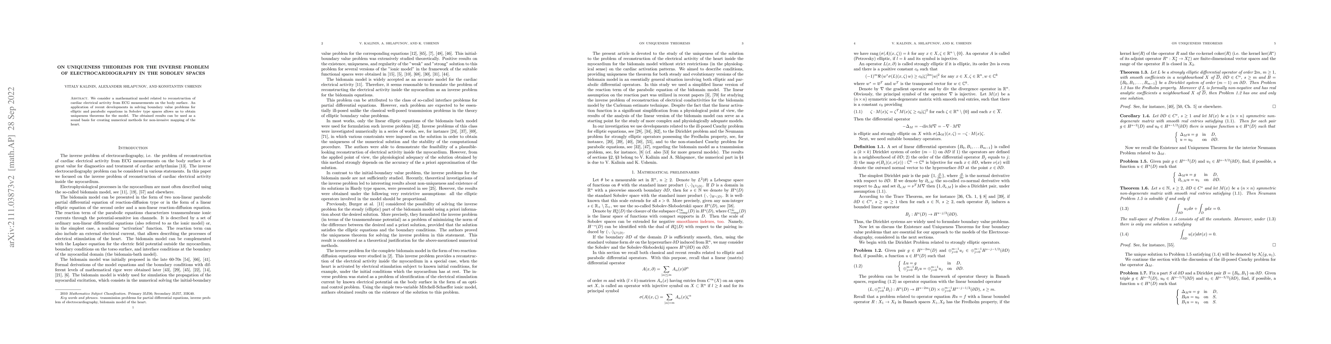 Thumbnail for On uniqueness theorems for the inverse problem of Electrocardiography in
  the Sobolev spaces