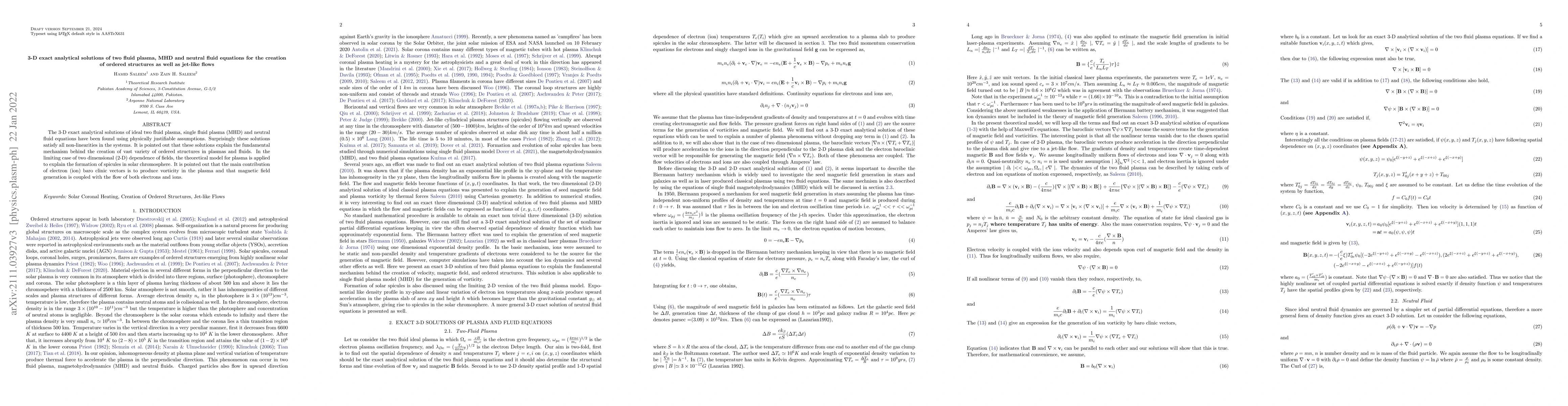Thumbnail for 3-D exact analytical solutions of two fluid plasma, MHD and neutral
  fluid equations for the creation of ordered structures as well as jet-like
  flows