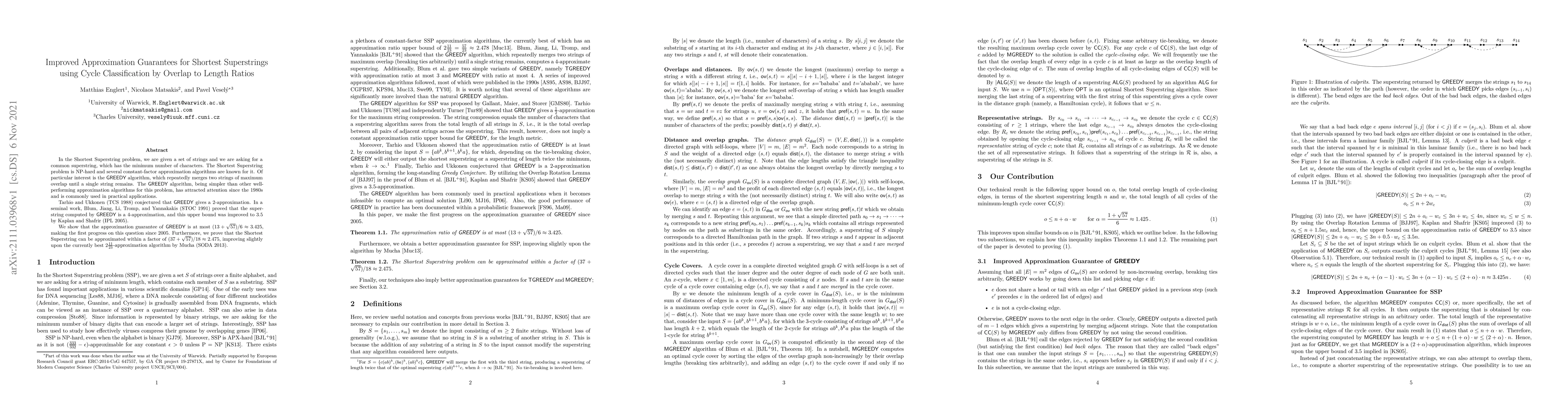 Thumbnail for Improved Approximation Guarantees for Shortest Superstrings using Cycle
  Classification by Overlap to Length Ratios