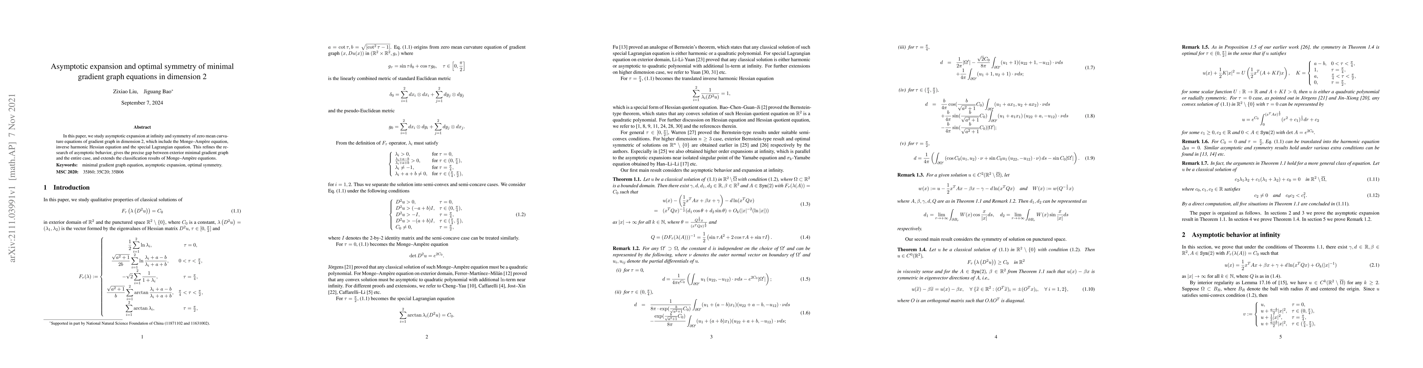 Thumbnail for Asymptotic expansion and optimal symmetry of minimal gradient graph
  equations in dimension 2