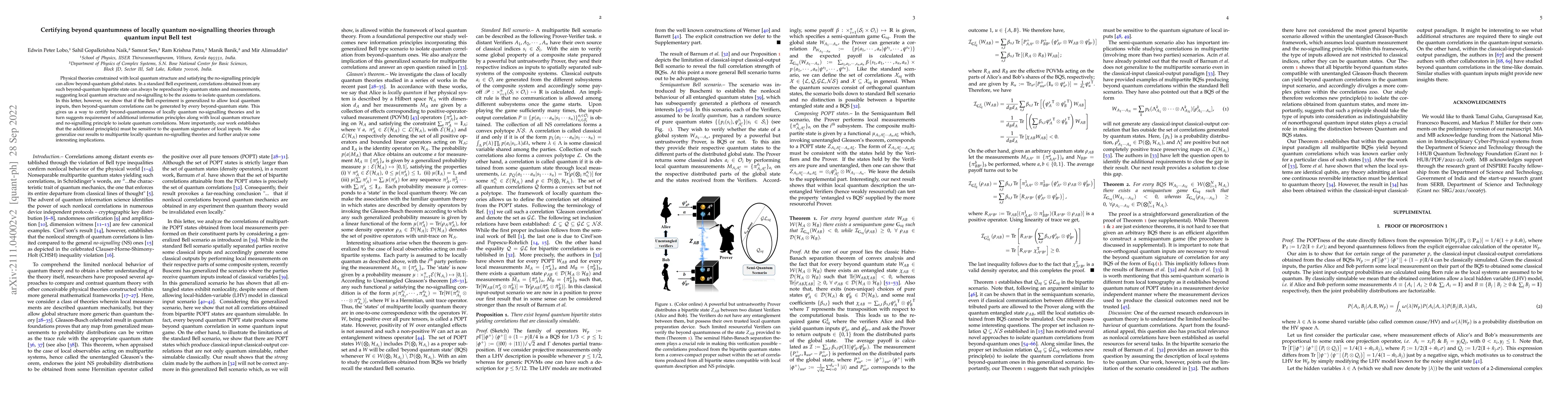Thumbnail for Certifying beyond quantumness of locally quantum no-signalling theories
  through quantum input Bell test