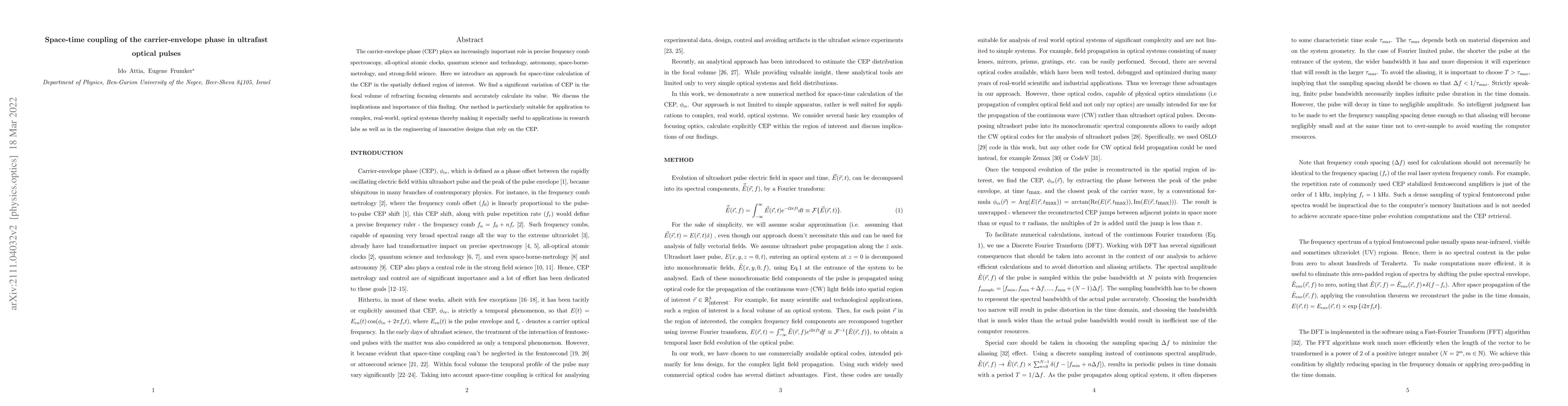 Thumbnail for Space-time coupling of the carrier-envelope phase in ultrafast optical
  pulses