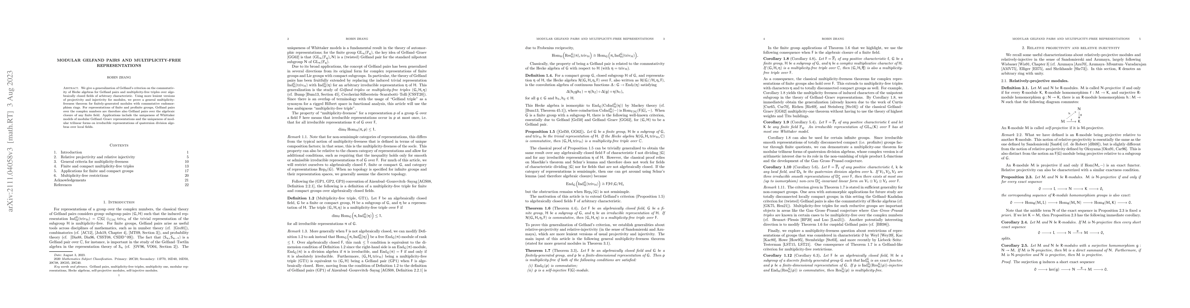 Thumbnail for Modular Gelfand pairs and multiplicity-free representations