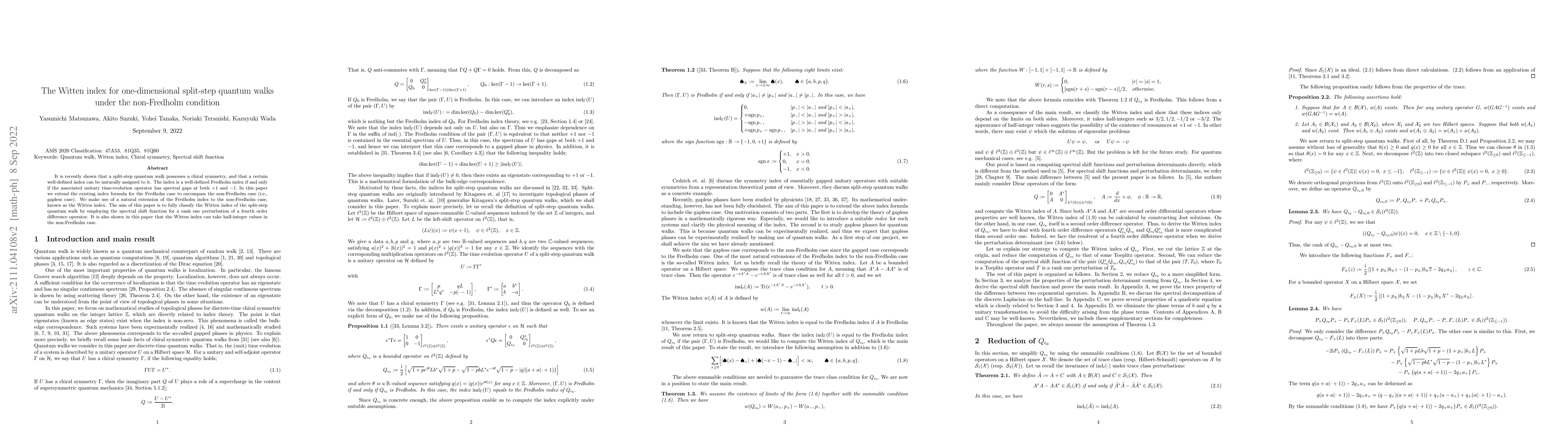 Thumbnail for The Witten index for one-dimensional split-step quantum walks under the
  non-Fredholm condition