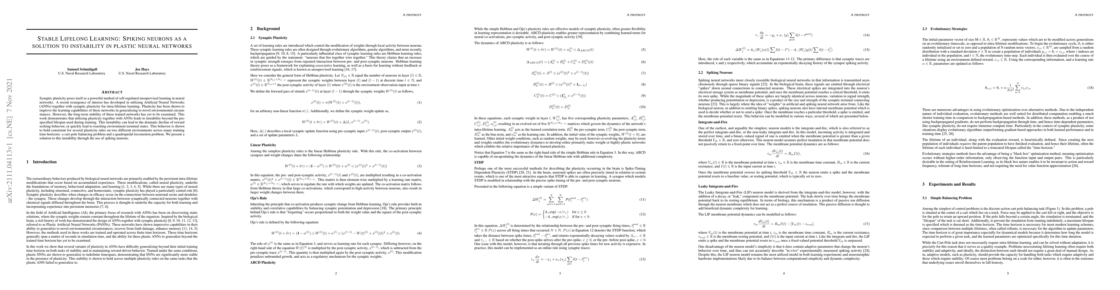 Thumbnail for Stable Lifelong Learning: Spiking neurons as a solution to instability
  in plastic neural networks