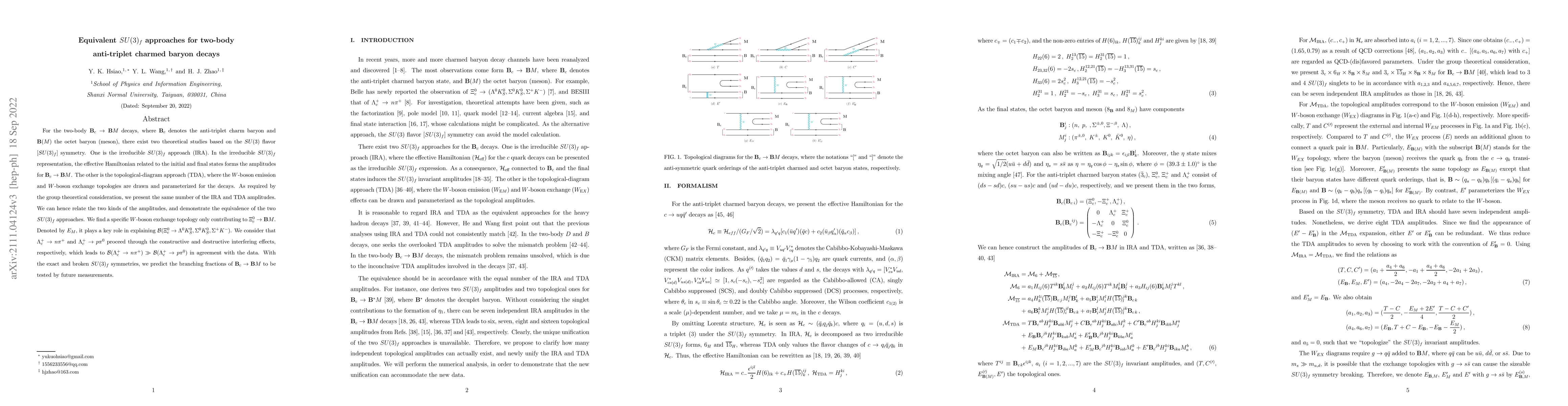 Thumbnail for Equivalent $SU(3)_f$ approaches for two-body anti-triplet charmed baryon
  decays