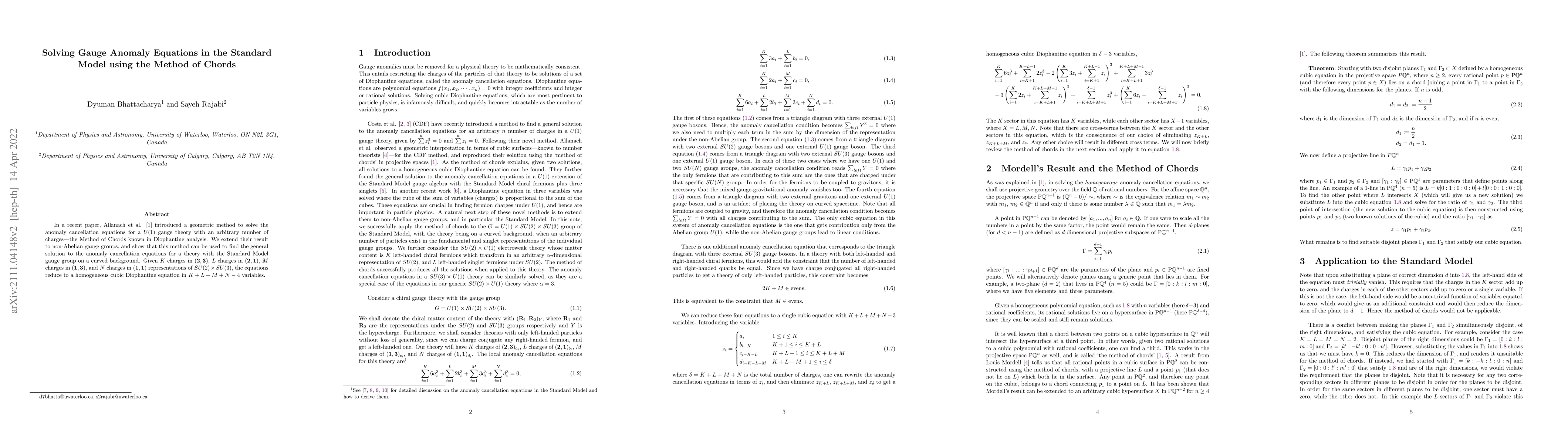 Thumbnail for Solving Gauge Anomaly Equations in the Standard Model using the Method
  of Chords