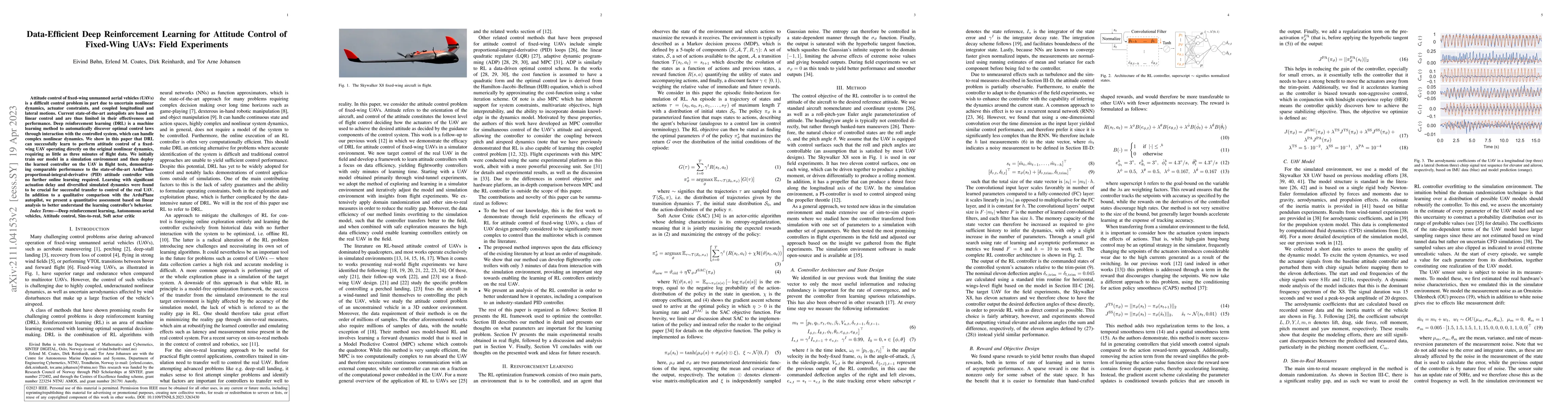 Thumbnail for Data-Efficient Deep Reinforcement Learning for Attitude Control of
  Fixed-Wing UAVs: Field Experiments