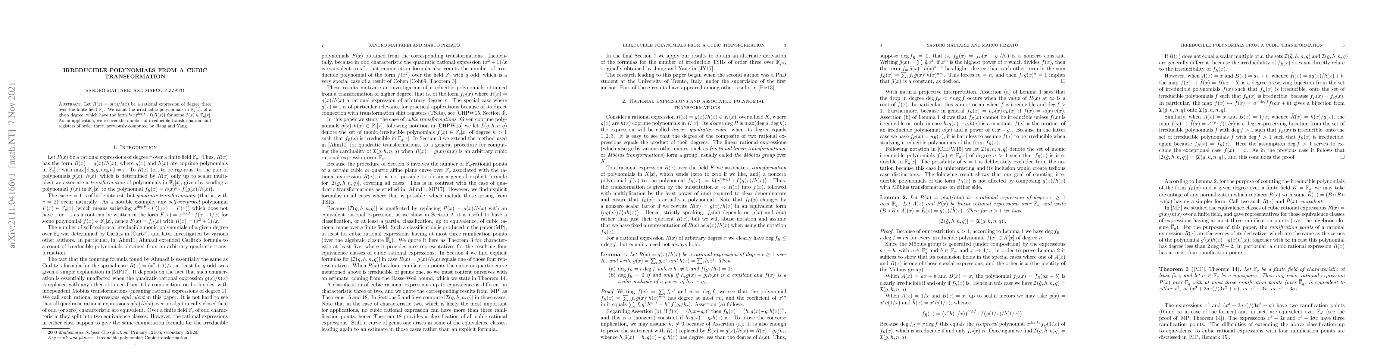 Thumbnail for Irreducible polynomials from a cubic transformation