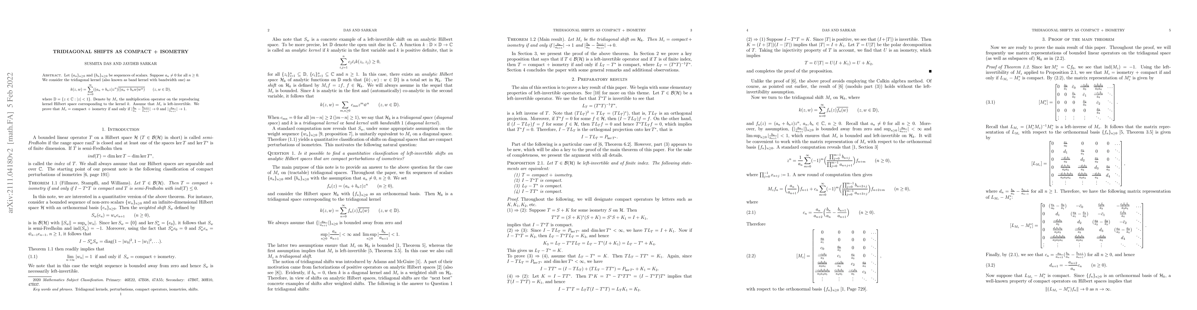 Thumbnail for Tridiagonal shifts as compact + isometry
