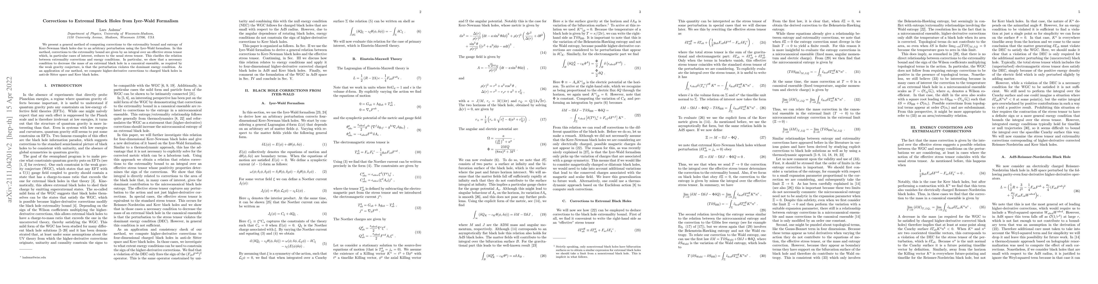 Thumbnail for Corrections to Extremal Black Holes from Iyer-Wald Formalism