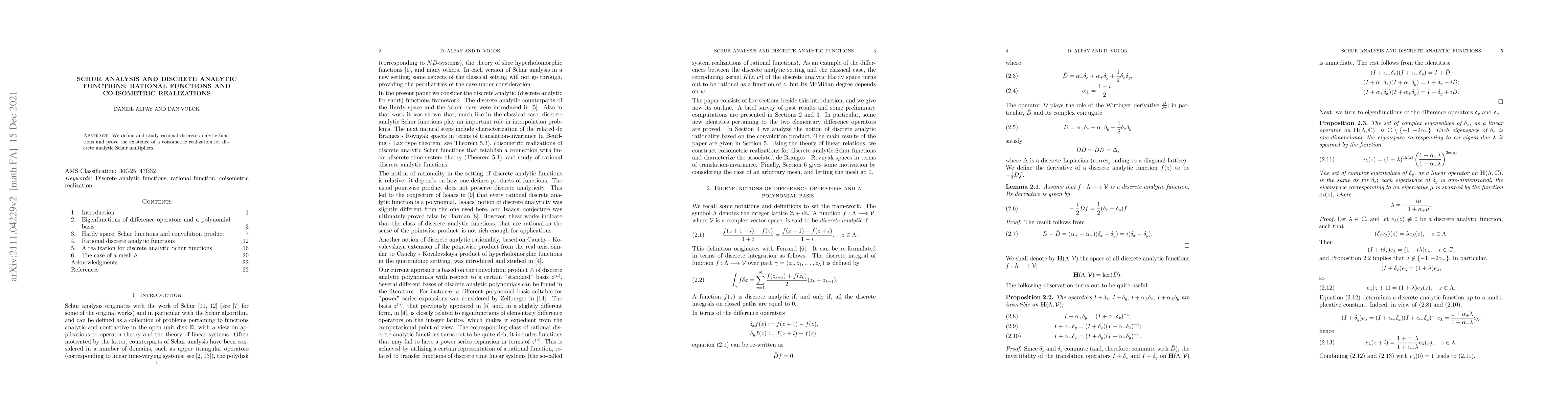 Thumbnail for Schur analysis and discrete analytic functions: Rational functions and
  co-isometric realizations