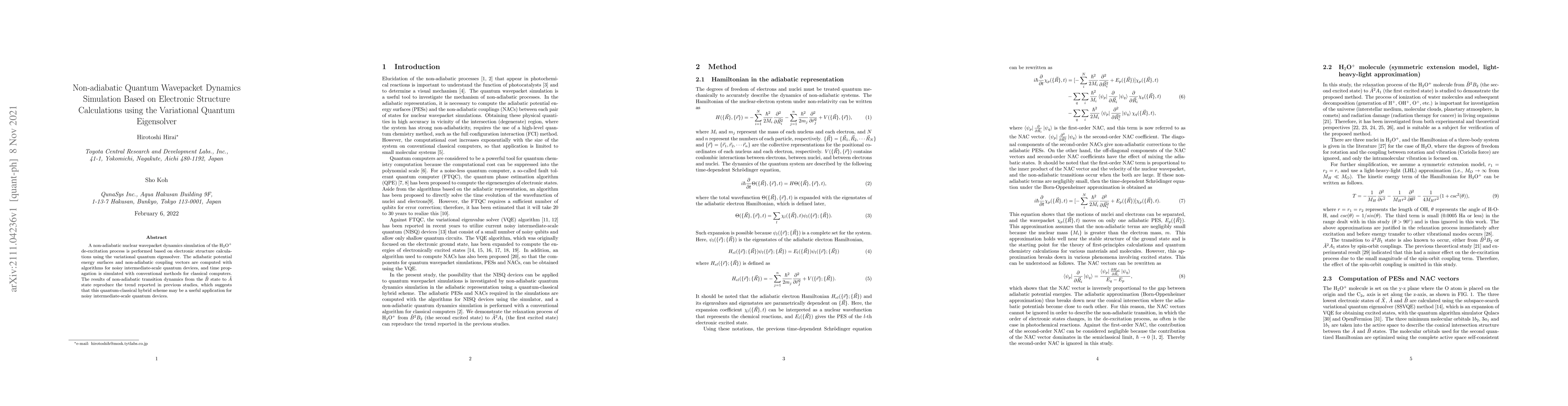 Thumbnail for Non-adiabatic Quantum Wavepacket Dynamics Simulation Based on Electronic
  Structure Calculations using the Variational Quantum Eigensolver