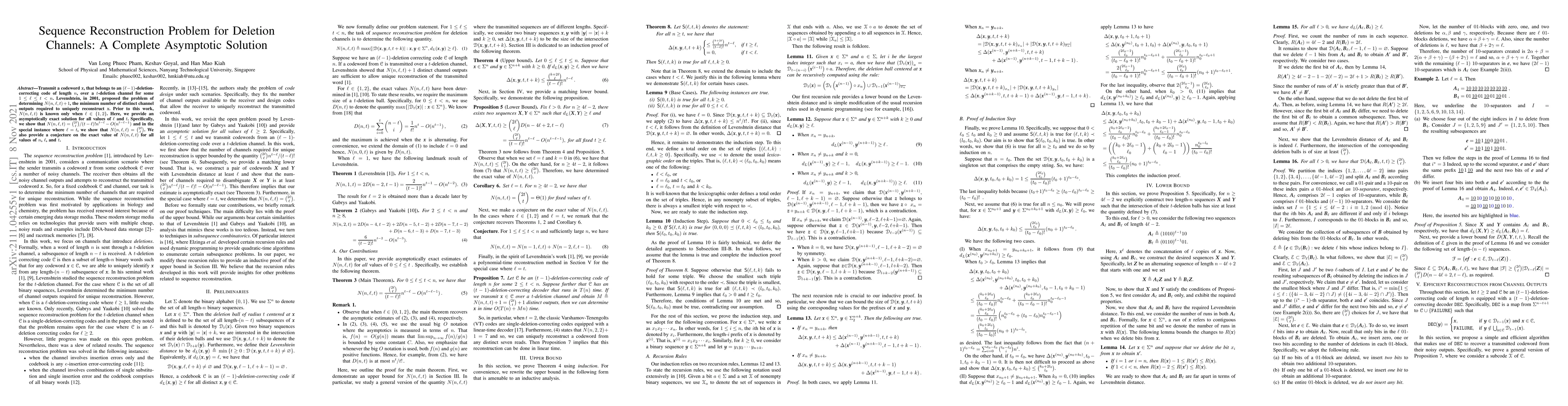 Thumbnail for Sequence Reconstruction Problem for Deletion Channels: A Complete
  Asymptotic Solution
