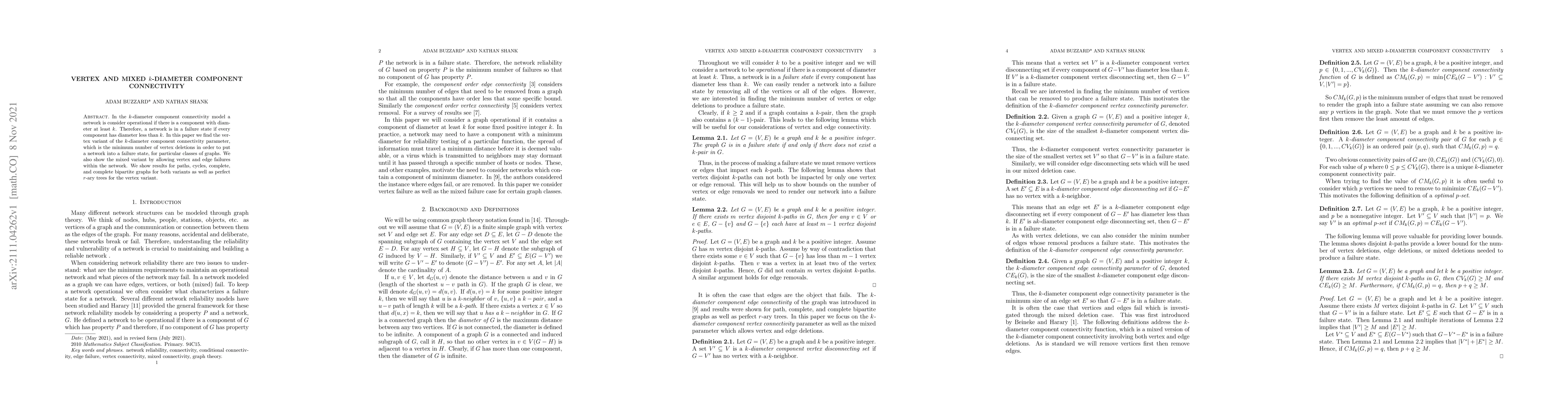 Thumbnail for Vertex and Mixed $k$-Diameter Component Connectivity