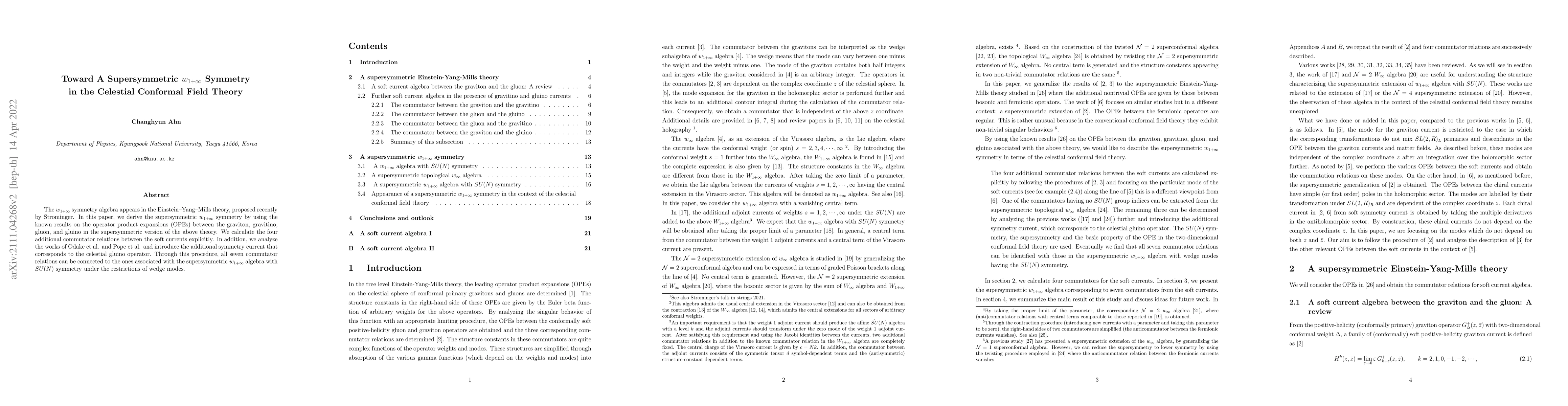 Thumbnail for Toward A Supersymmetric $w_{1+\infty}$ Symmetry in the Celestial
  Conformal Field Theory