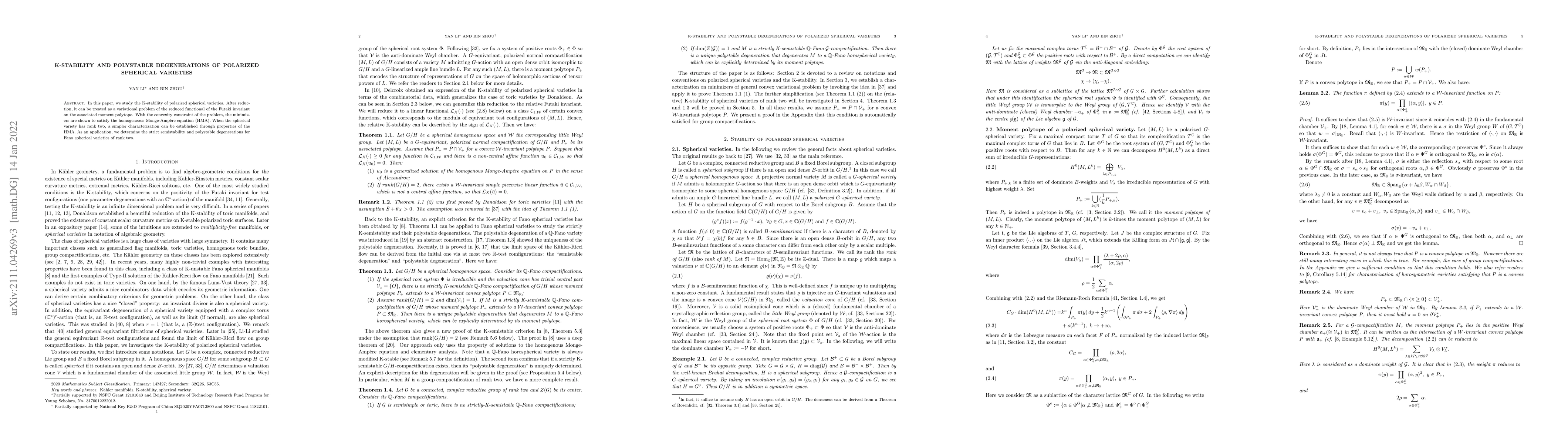 Thumbnail for K-stability and polystable degenerations of polarized spherical
  varieties
