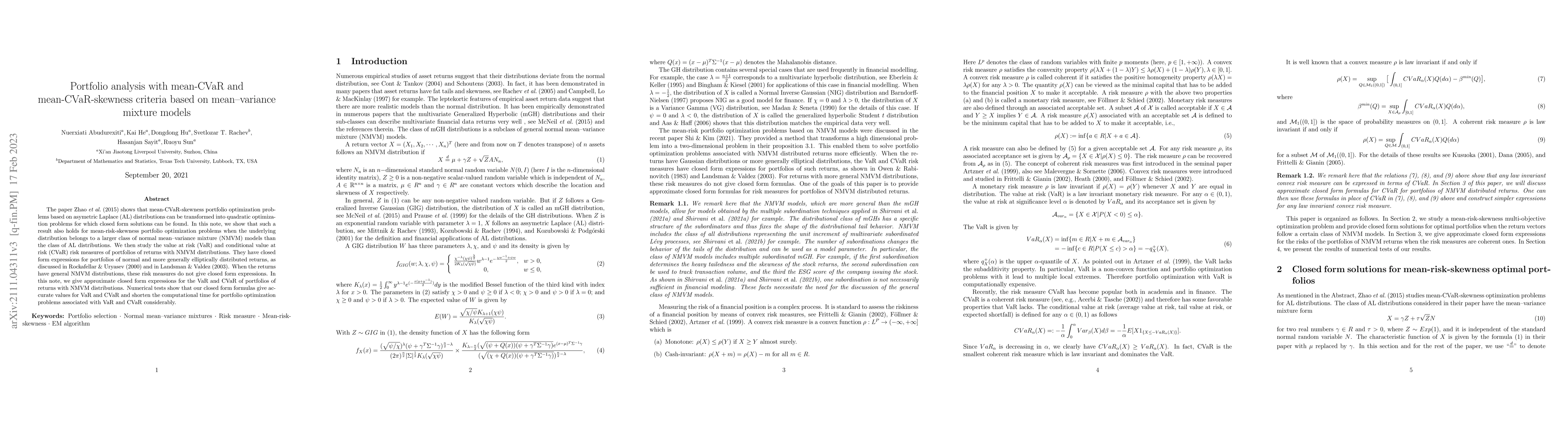 Thumbnail for Portfolio analysis with mean-CVaR and mean-CVaR-skewness criteria based
  on mean-variance mixture models