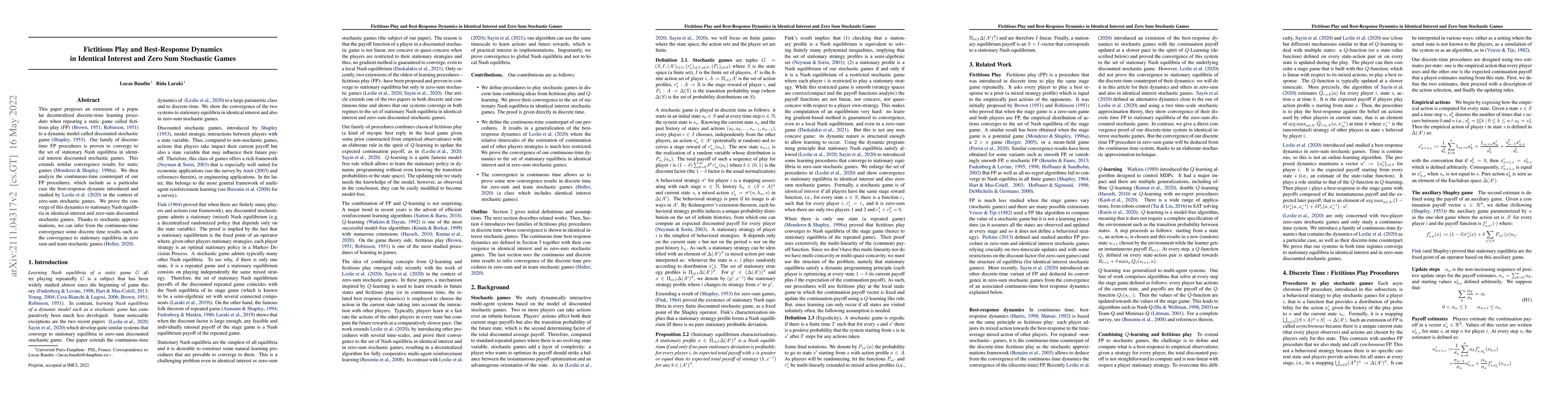 Thumbnail for Best-Response Dynamics and Fictitious Play in Identical-Interest and
  Zero-Sum Stochastic Games