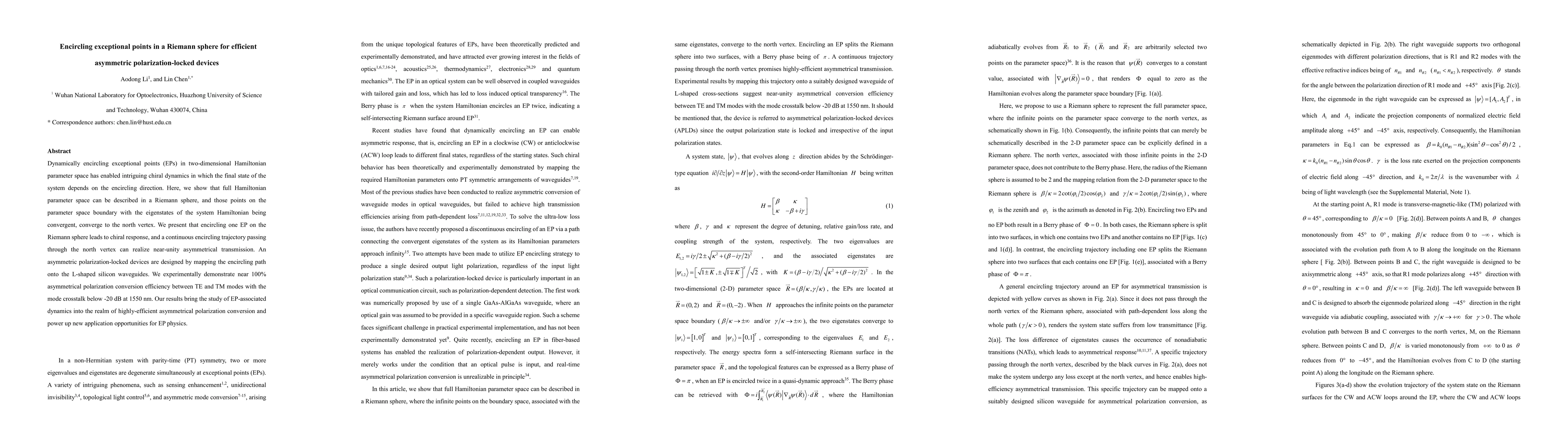 Thumbnail for Encircling exceptional points in a Riemann sphere for efficient
  asymmetric polarization-locked devices