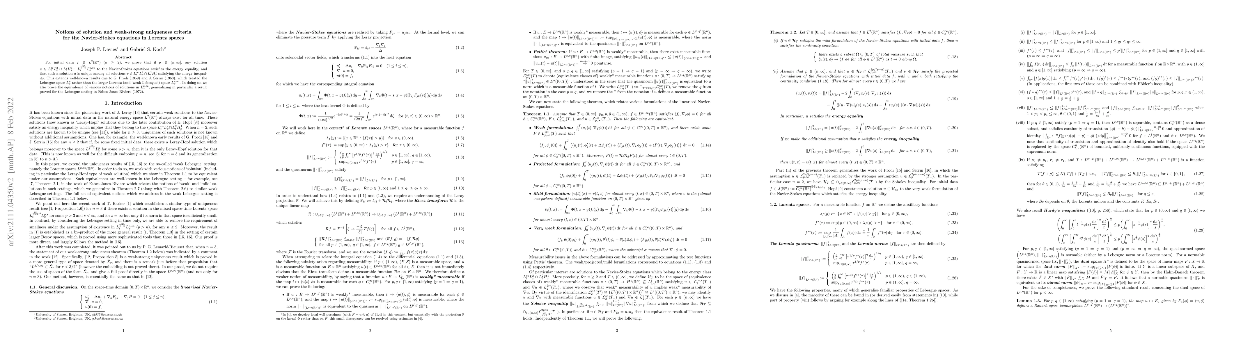 Thumbnail for Notions of solution and weak-strong uniqueness criteria for the
  Navier-Stokes equations in Lorentz spaces