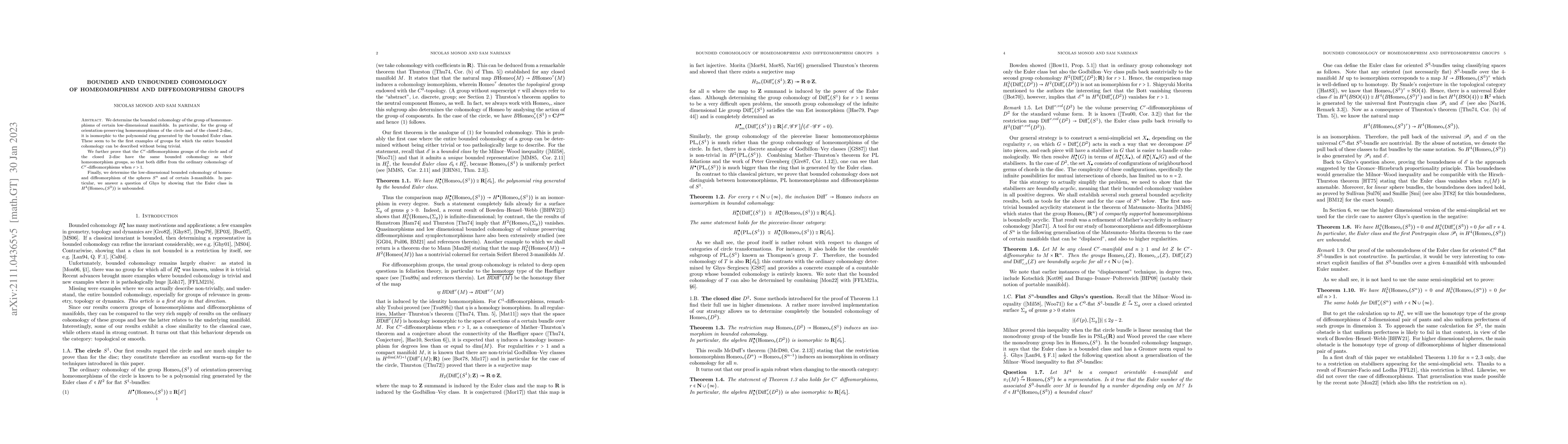Thumbnail for Bounded and unbounded cohomology of homeomorphism and diffeomorphism
  groups