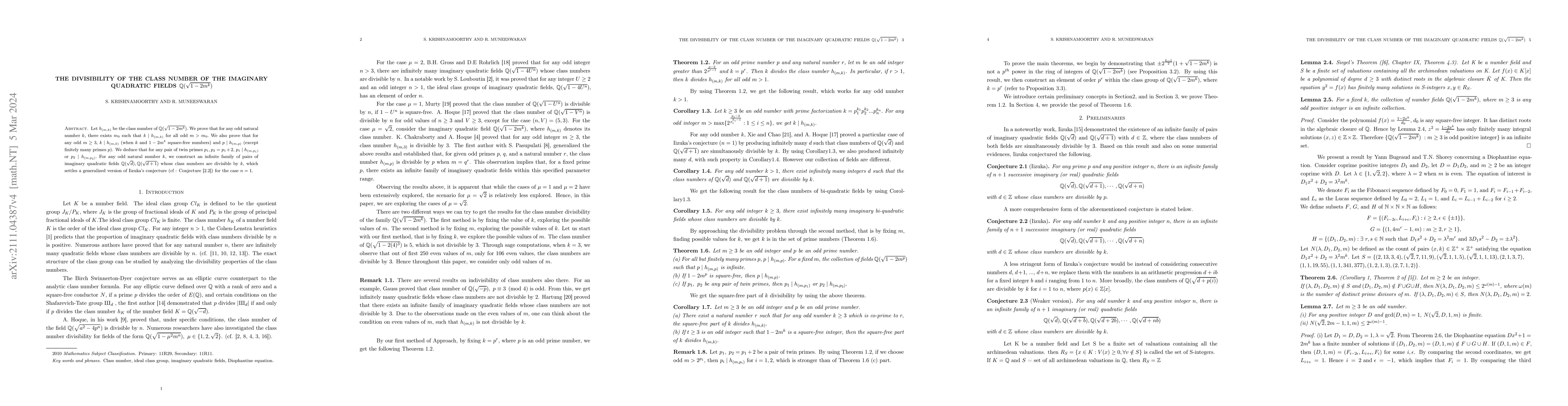 Thumbnail for The divisibility of the class number of the imaginary quadratic fields
  $\mathbb{Q}(\sqrt{1-2m^k})$