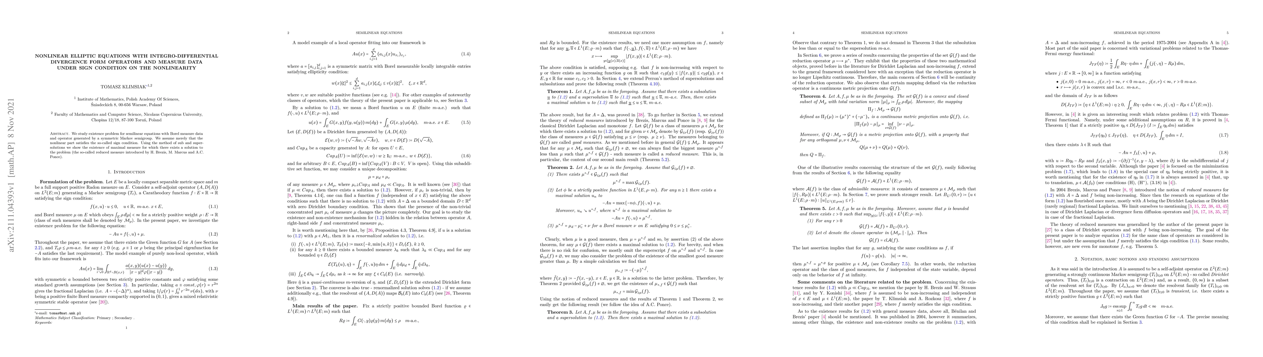Thumbnail for Nonlinear elliptic equations with integro-differential divergence form
  operators and measure data under sign condition on the nonlinearity